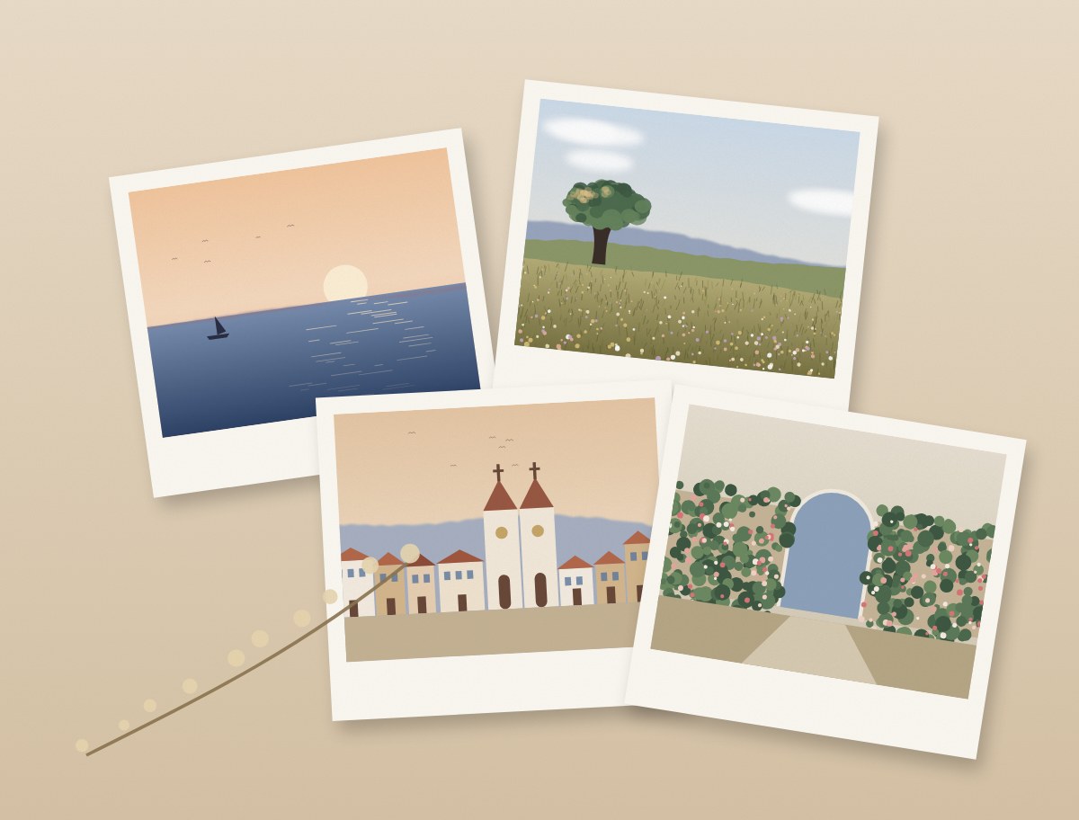 Fotografias de lembranças espalhadas sobre uma mesa: o mar, os campos, a cidade natal e um jardim