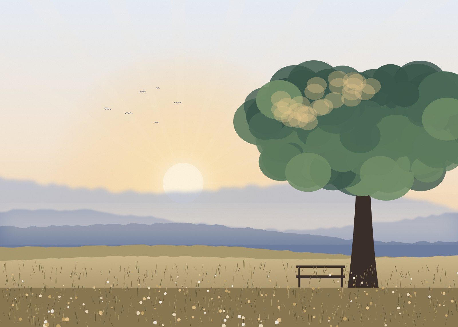 Paisagem serena com árvore ao entardecer