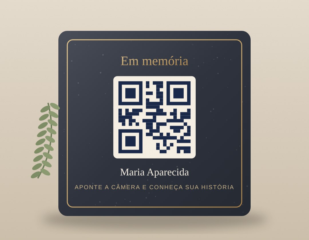 Ilustração de uma placa memorial de granito com QR Code e o nome da homenageada